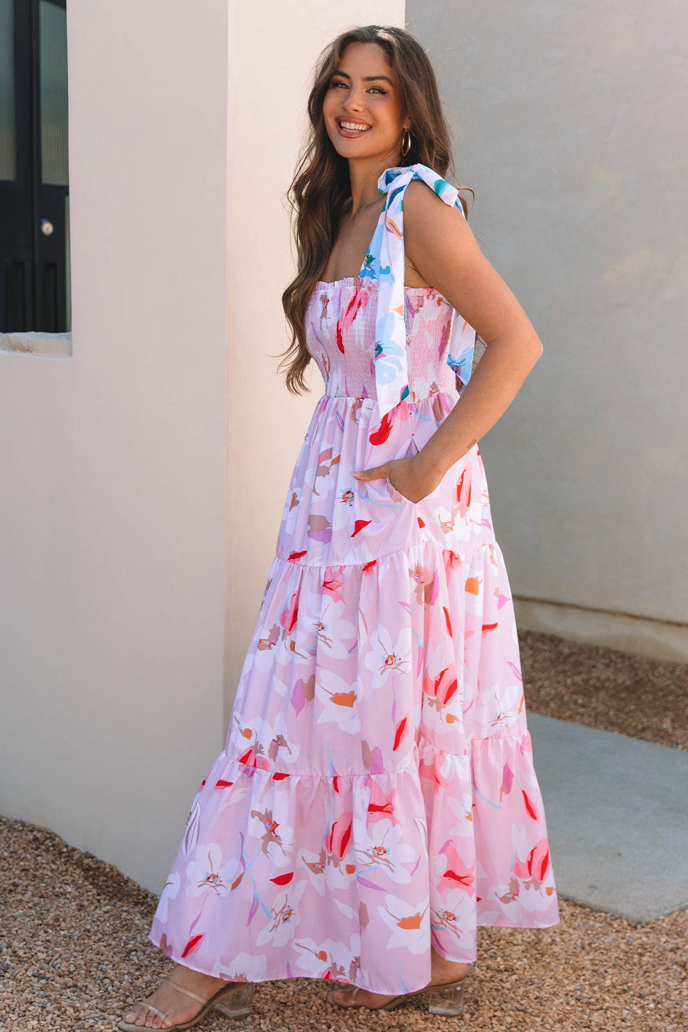 Floral Print Knotted Shoulder Smocked Maxi Dress