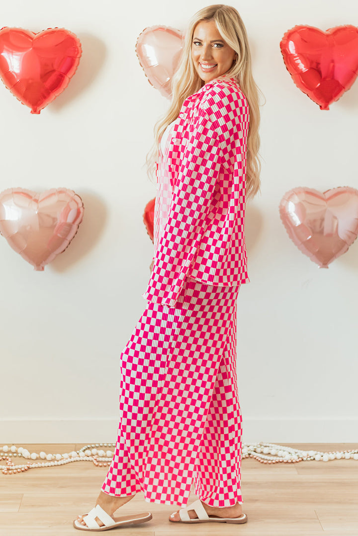 checkered buttoned shirt and high waist pants pajama set