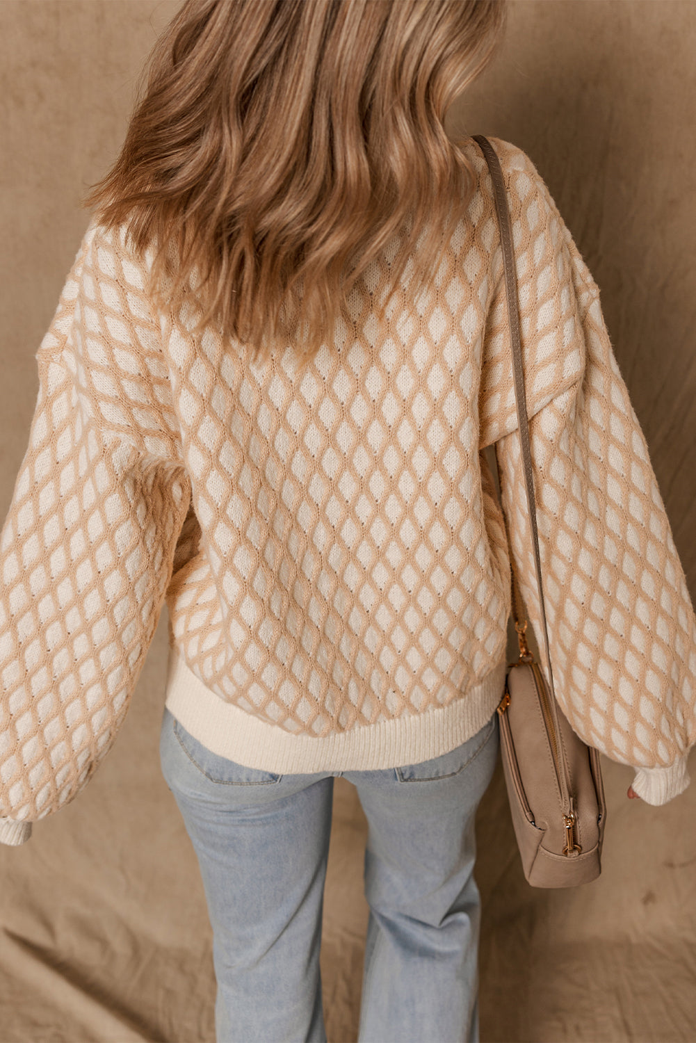 Rhombus Textured Knit Mock Neck Sweater