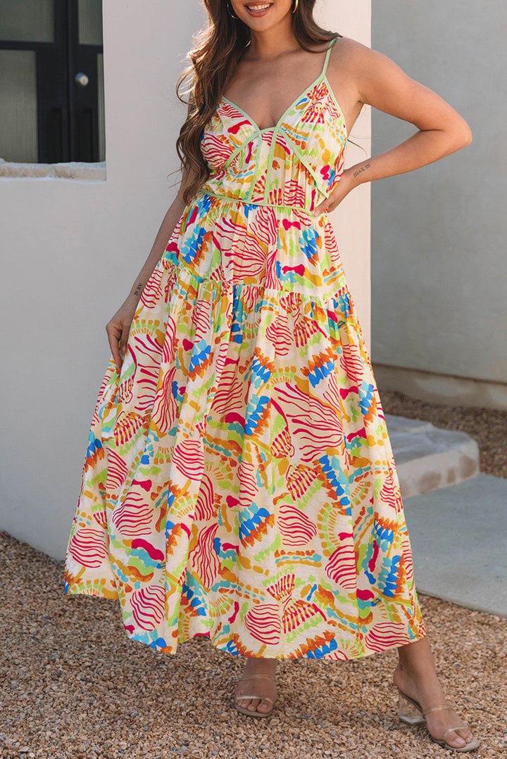 Abstract Print Spaghetti Strap Piping Detail Maxi Dres
