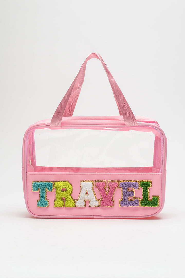 Trousse de maquillage TRAVEL en PVC transparent avec lettres en chenille