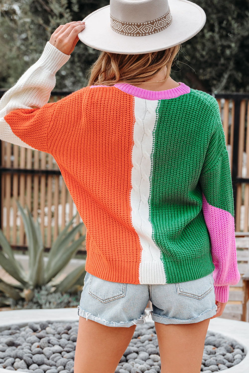 Color Block Textured Knit Drop Shoulder Loose Fit Sweater