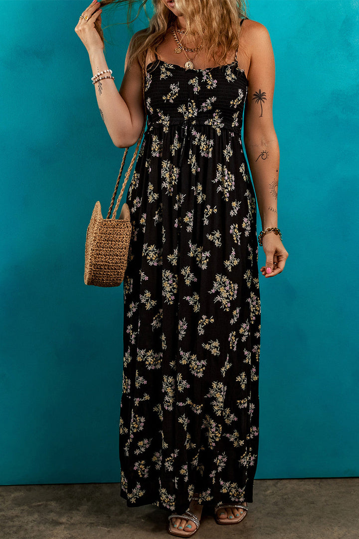 floral spaghetti strap shirred bodice tied empire waist maxi dress