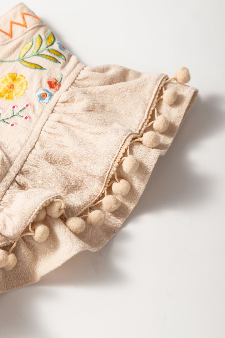 linen embroidery split neck pom pom ruffle sleeves flowy short dress