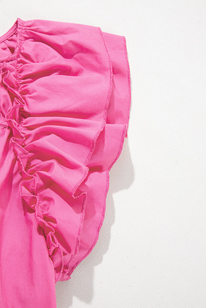 Shirred Yoke Lace up V Neck Ruffled Sleeve Blouse