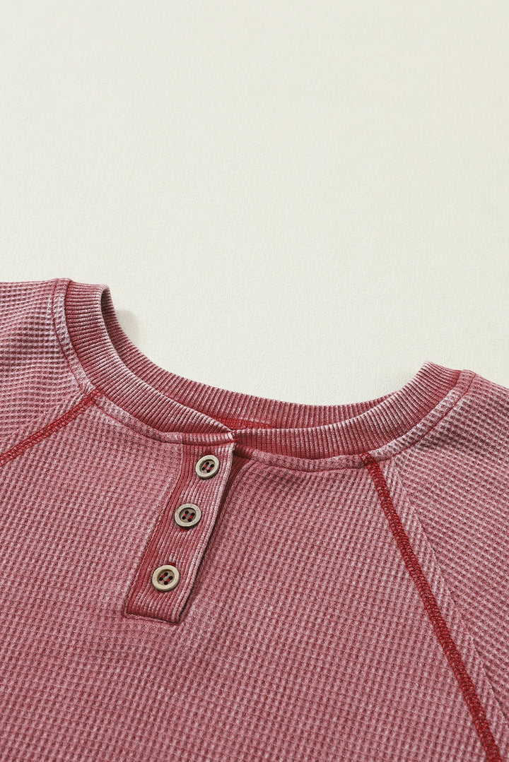 Waffle Knit Raglan Sleeve Henley Sweatshirt