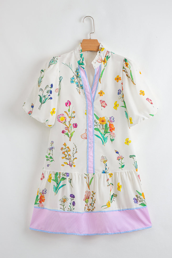 Floral Print Contrast Striped Patchwork Short Puff Sleeve Dress