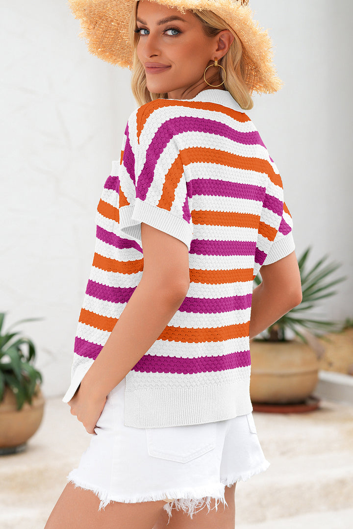 V Neck Short Sleeve Sweater with Side Slits