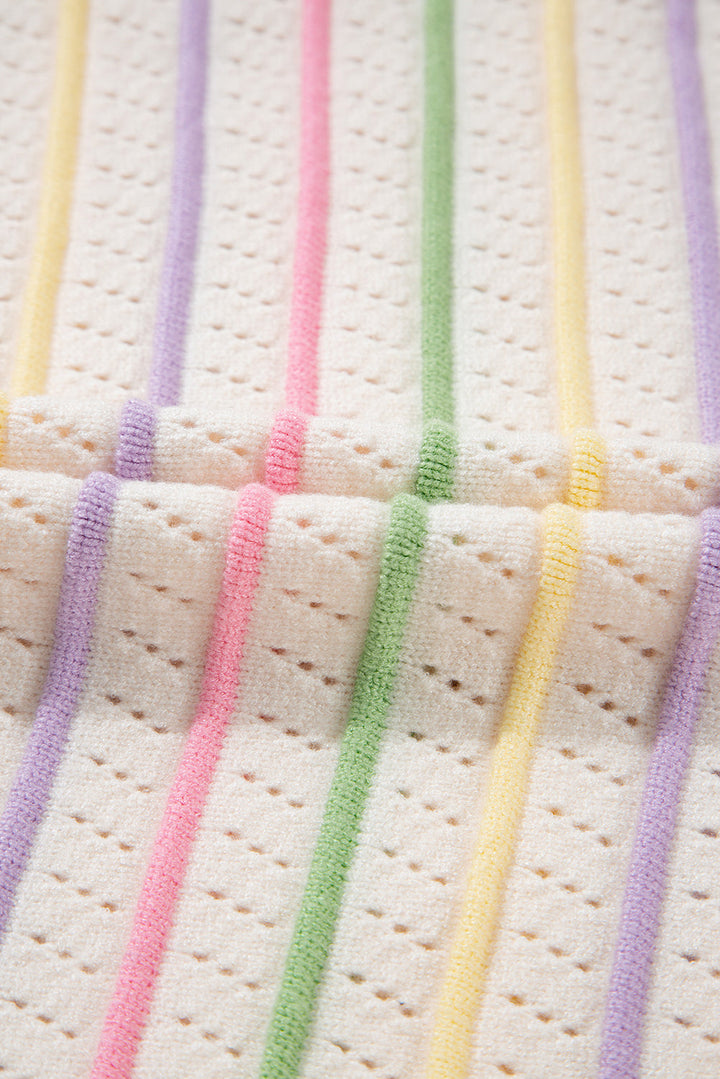 Colorful Striped Eyelet Knit Ruffled Sleeve Sweater T Shirt