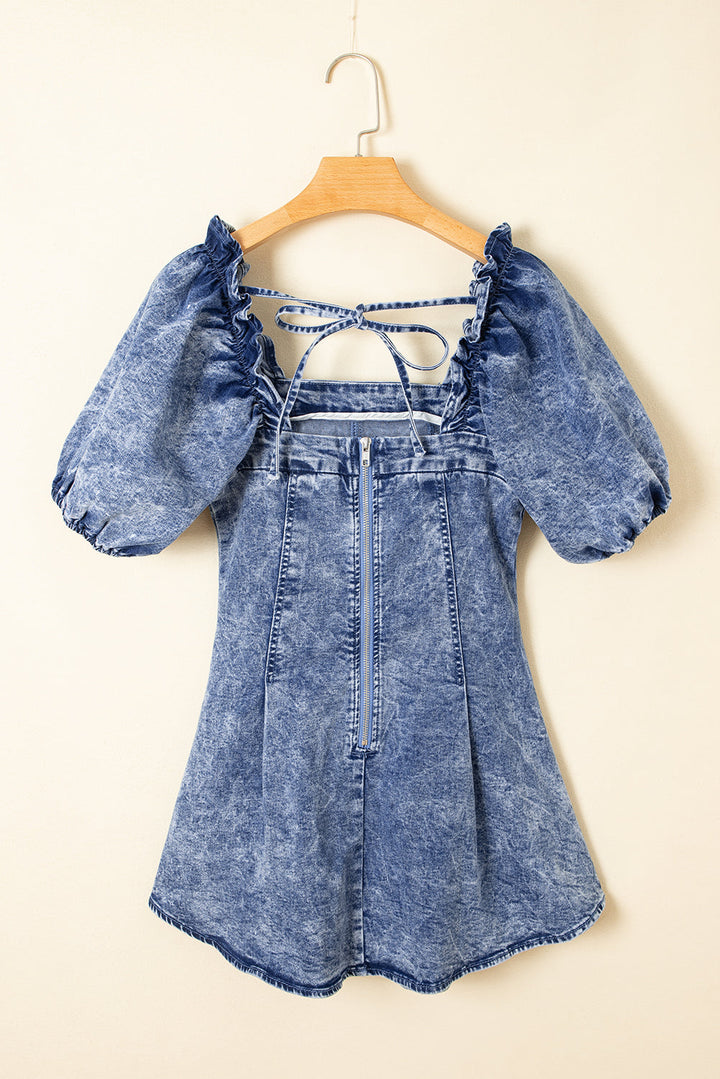 frilly square neck bustier puff sleeve short denim dress