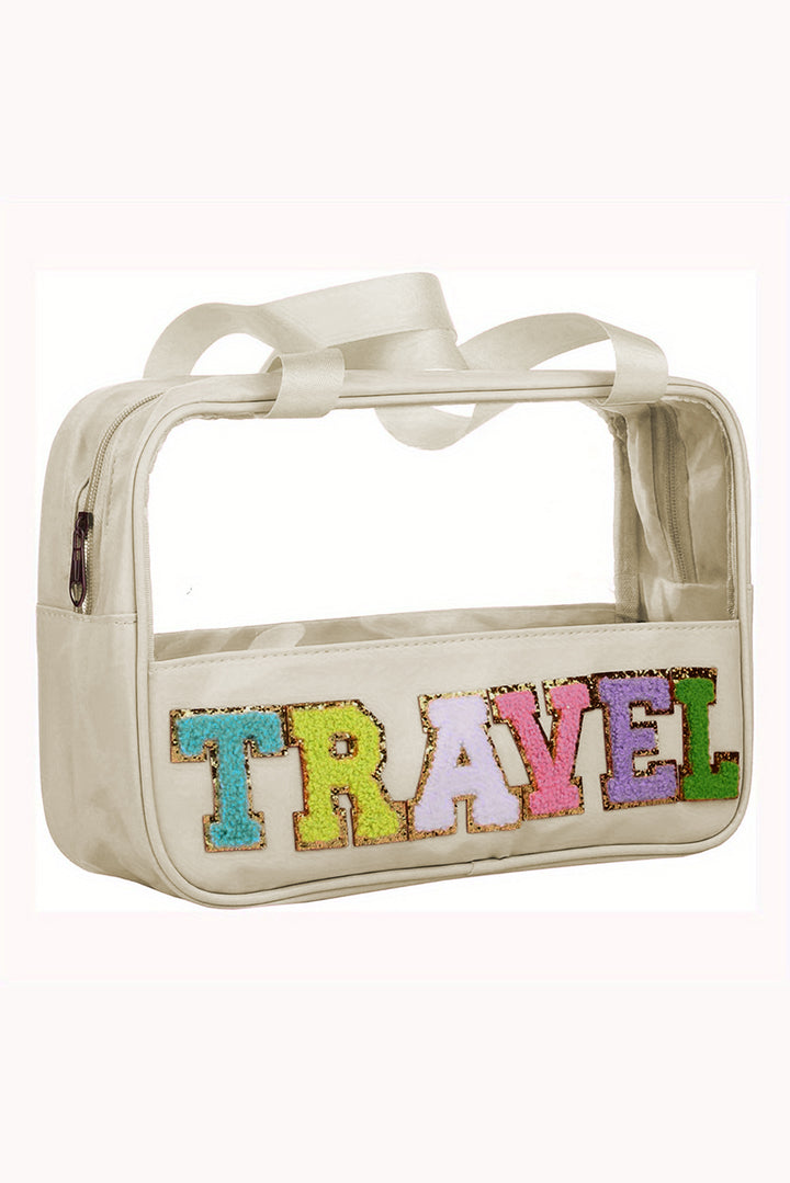 Trousse de maquillage TRAVEL en PVC transparent avec lettres en chenille