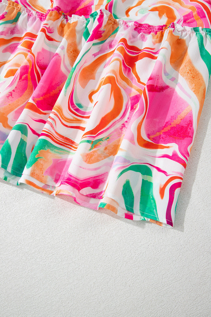 Abstract Print Ruffled Sleeve Smocked Bust Maxi Dress