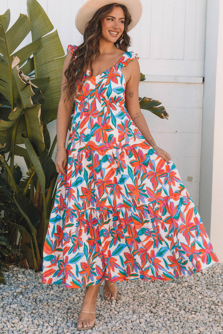 boho floral ruffled strap v neck maxi dress