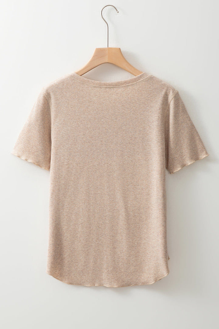 short sleeve half button ribbed knit top