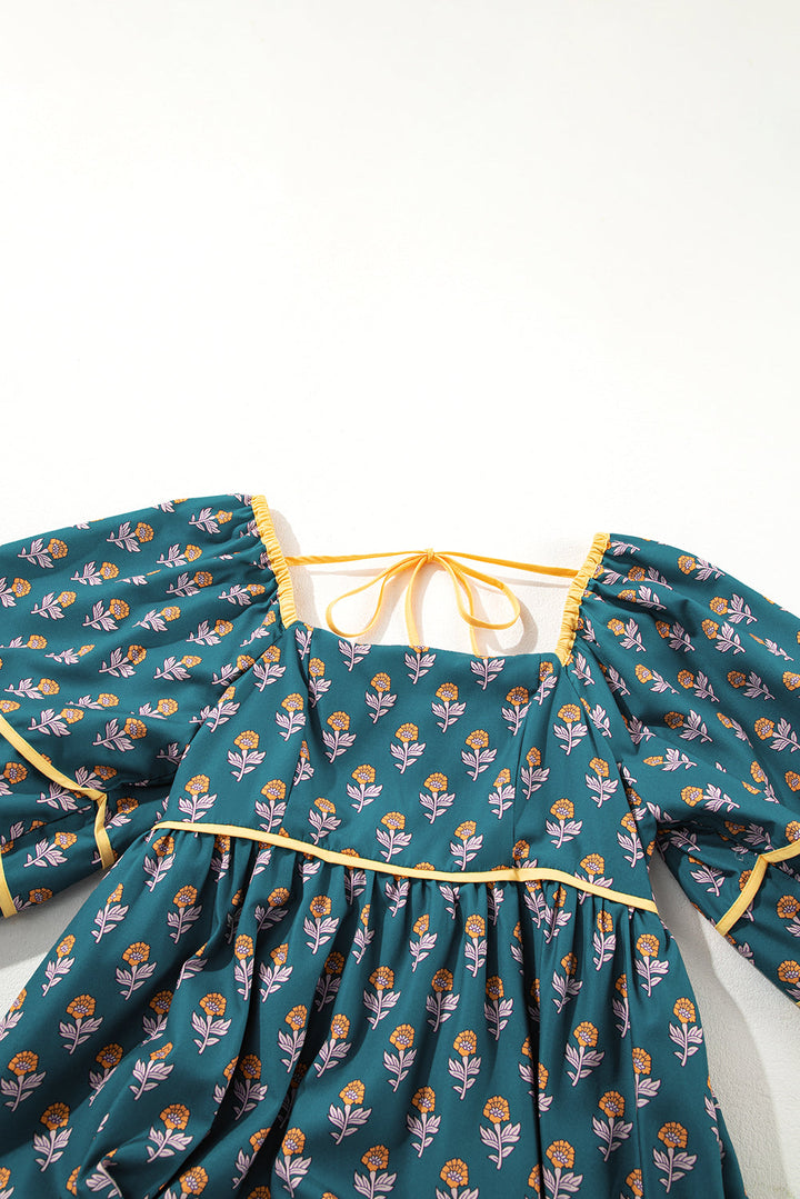 Floral Contrast Trim Square Neck Puff Sleeve Dress