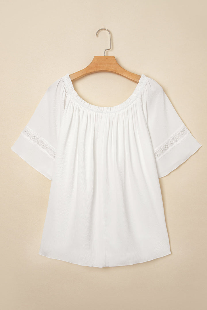 frilly off shoulder lace insert sleeve textured blouse