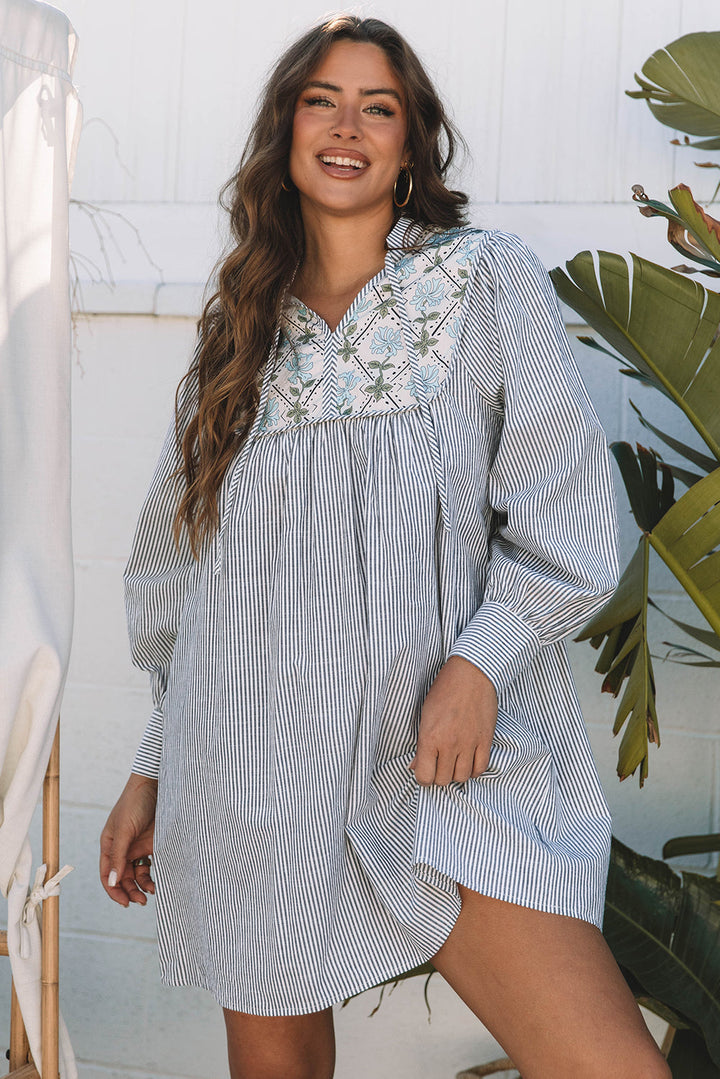 Floral Patchwork Tied V Neck Shift Long Sleeve Mini Dress