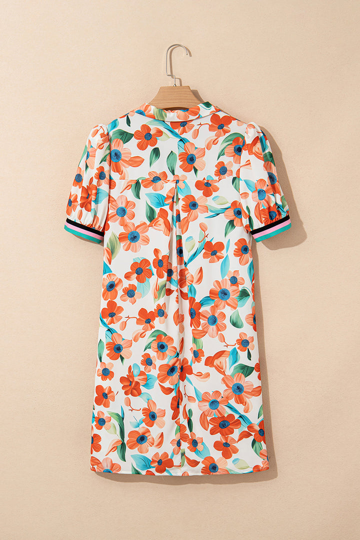 contrast trim floral split neck puff short sleeve tiered mini dress