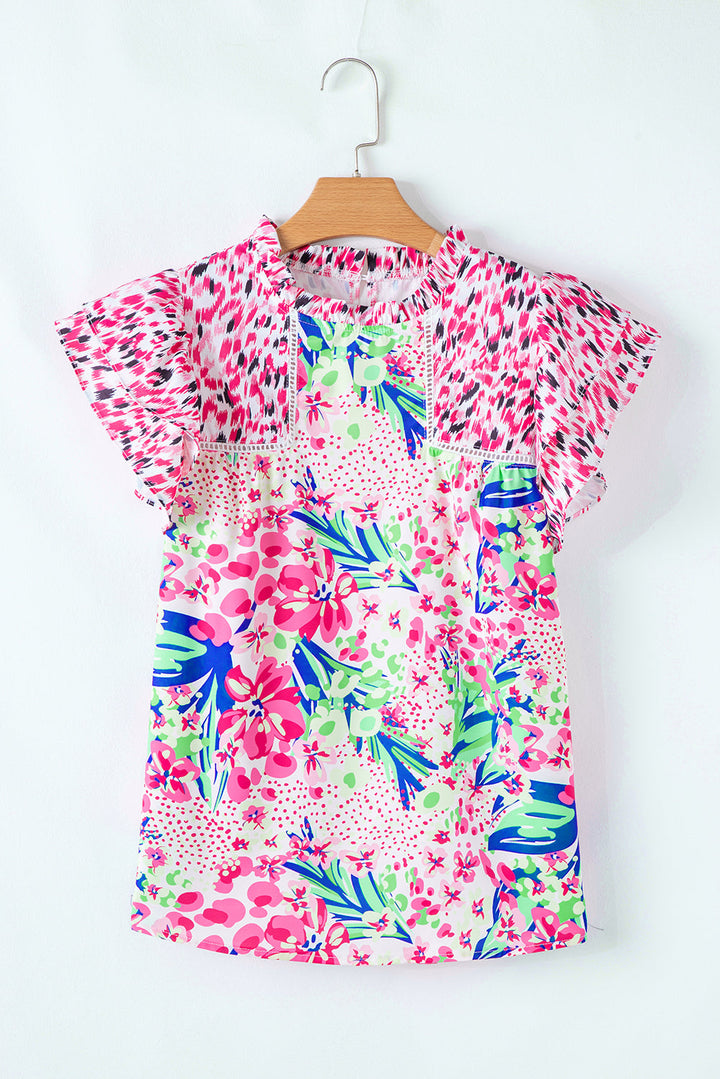 floral mixed print ruffle cap sleeve blouse