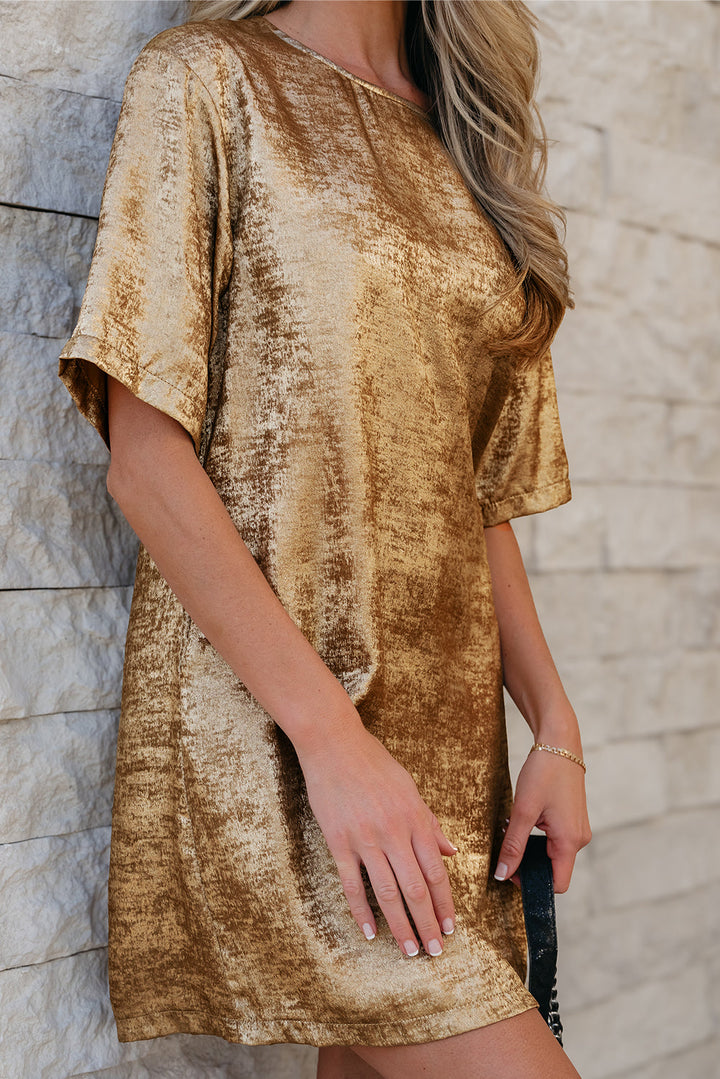 Metallic Luster Crewneck Mini T-Shirt Dress