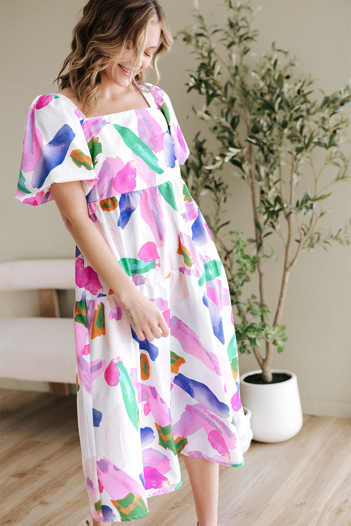 Abstract Print Puff Sleeve Smocked Back Midi Dress