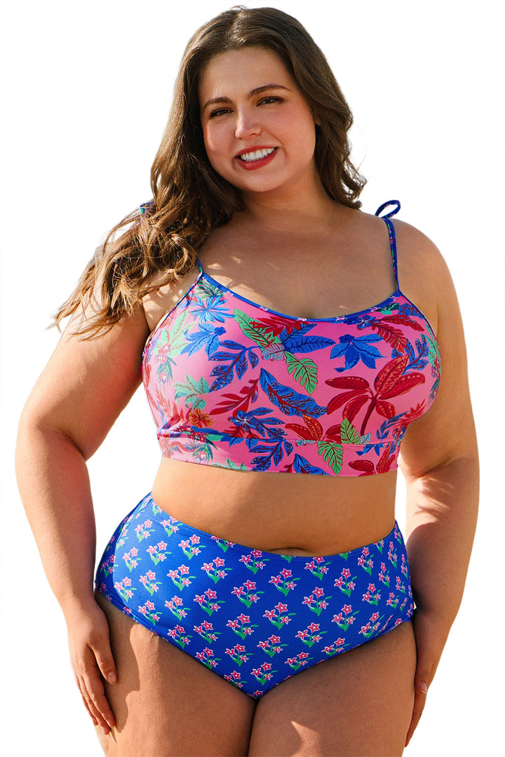 Fashion Print Tied Straps Crop Vest and High Waist Plus Size Bikini