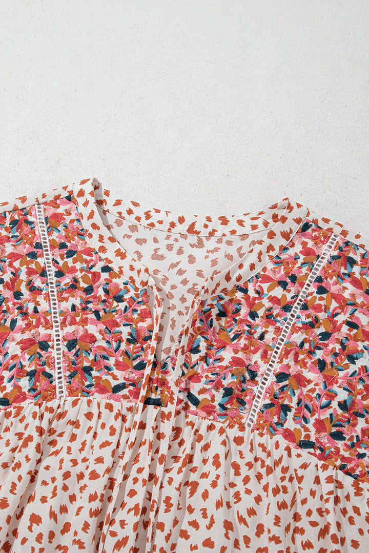 Printed Embroidery Detail Tie Split Neck Blouse