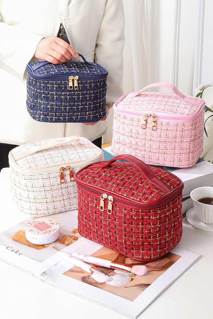 Grande trousse à maquillage à carreaux avec fermeture éclair et poignée