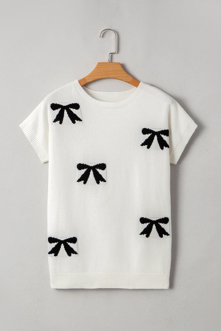 bow pattern knit short sleeve sweater