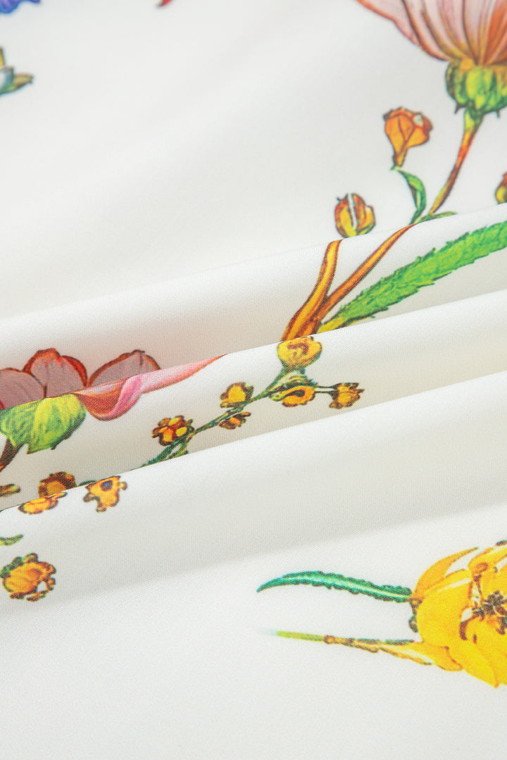 Floral Print Contrast Striped Patchwork Short Puff Sleeve Dress