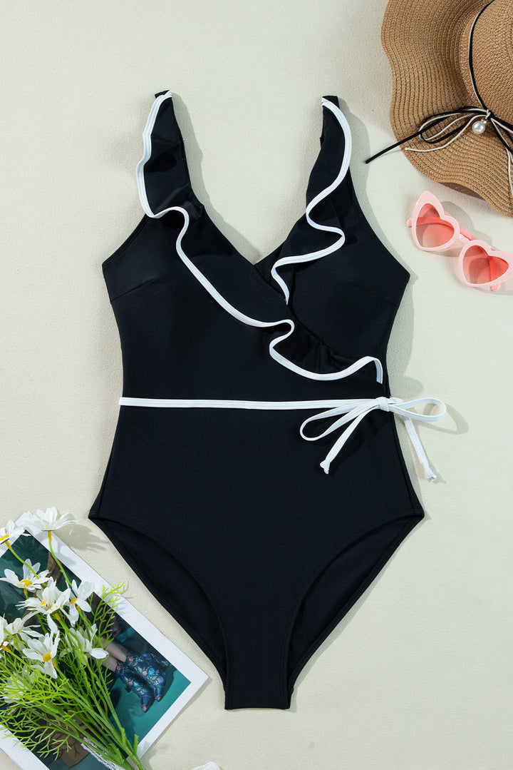 color contrast ruffled wrap v neck swimsuit