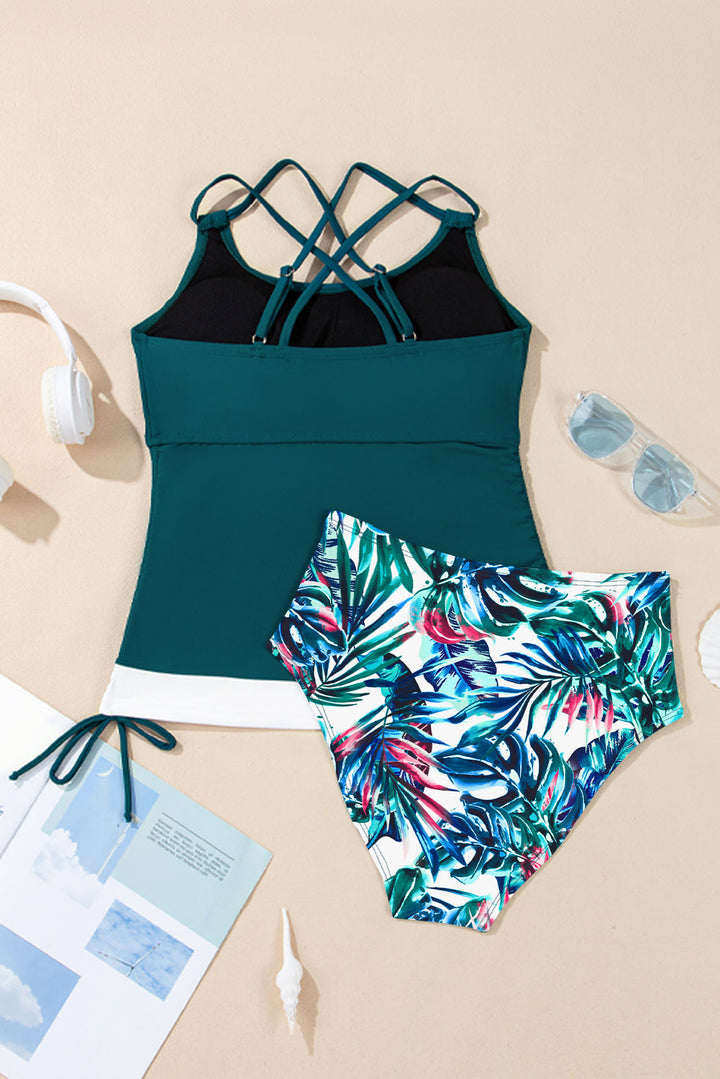 drawstring tummy control mix and match 2pcs tankini swimsuit 2