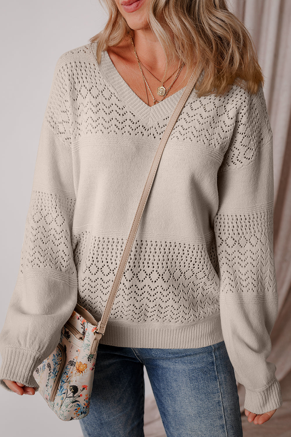 Eyelet Pattern Detail V Neck Drop Shoulder Sweater