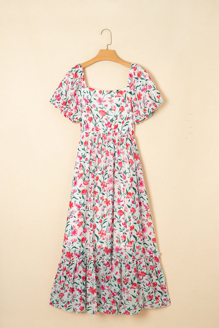 floral puff sleeve square neck empire waist tiered maxi dress