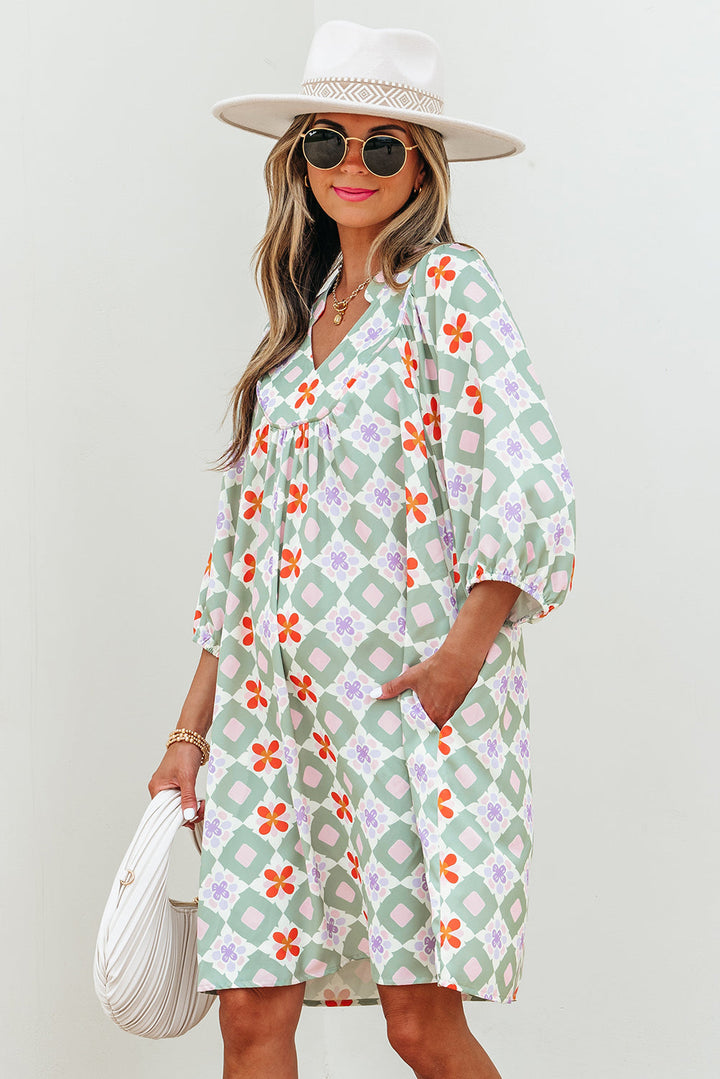 geometric floral print 3 4 sleeve notched neck mini dress