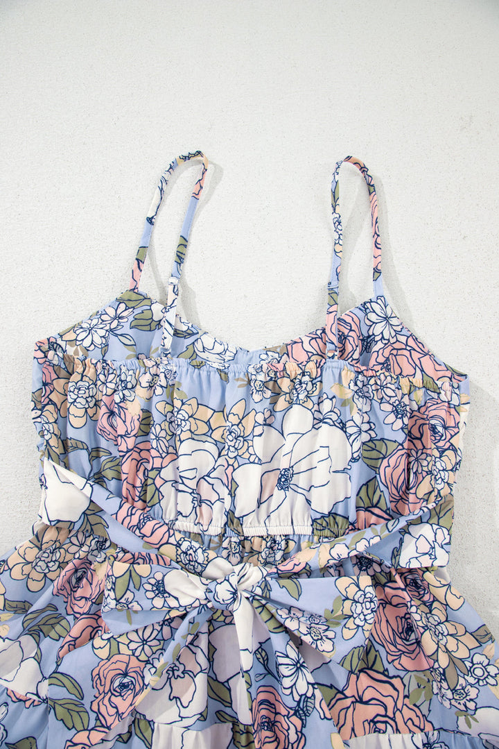 floral tiered patchwork spaghetti strap vacation dress