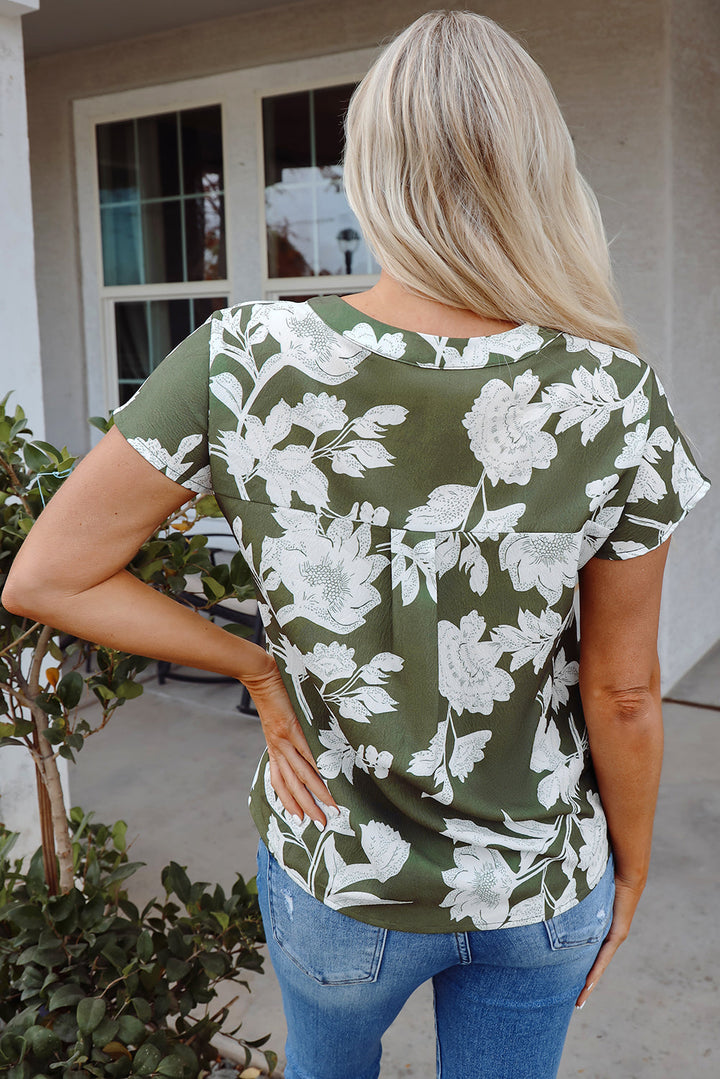 Floral Print Split Neck Short Sleeve Blouse