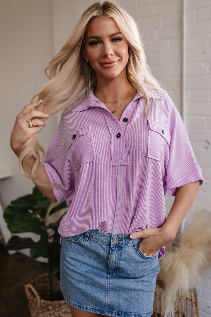 Corded Flap Pocket Collared Buttoned Short Sleeve Blouse