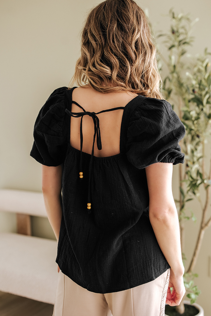 Flower Crochet Square Neck Textured Short Sleeve Blouse