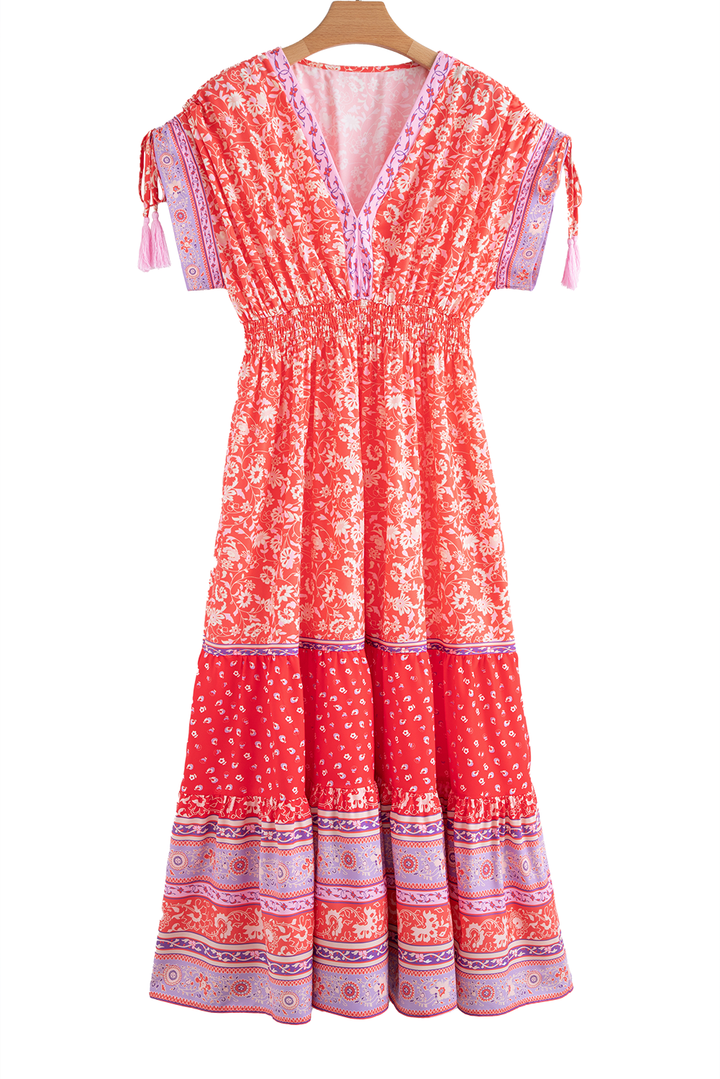 Floral Print Tasseled Tied Sleeve Empire Waist Maxi Dress