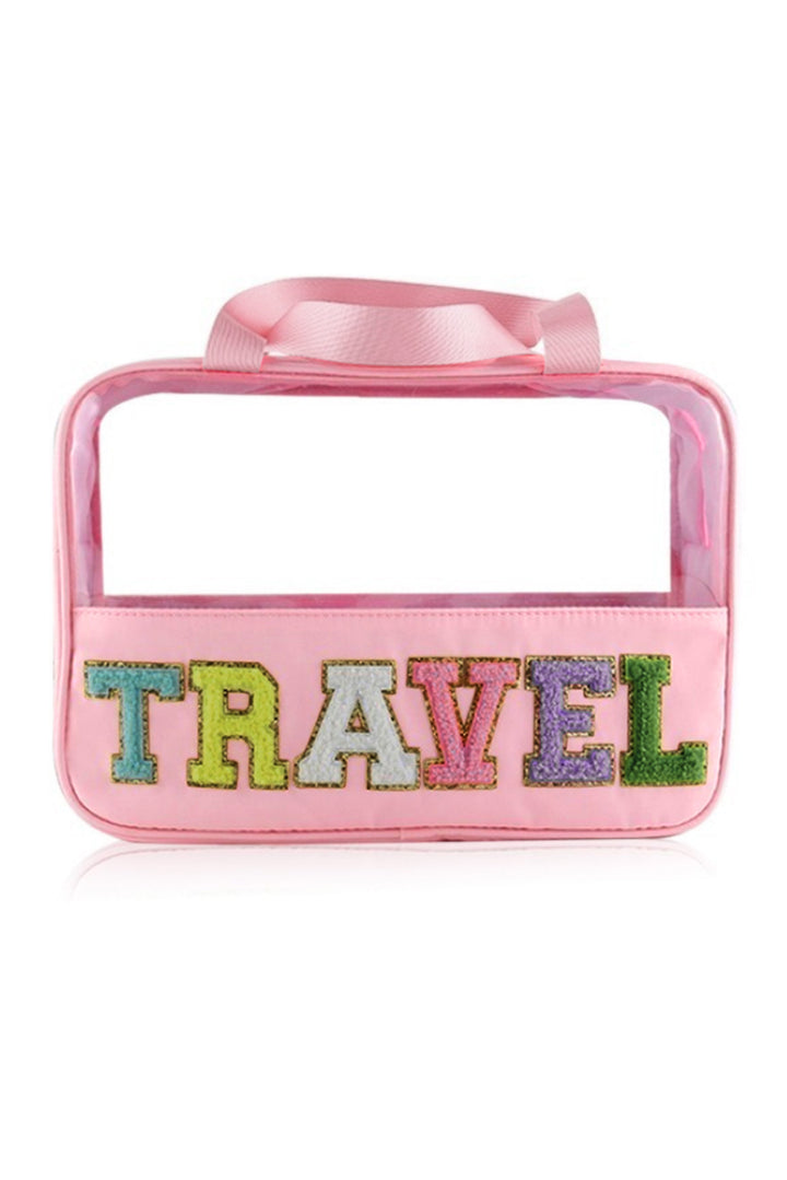 Trousse de maquillage TRAVEL en PVC transparent avec lettres en chenille