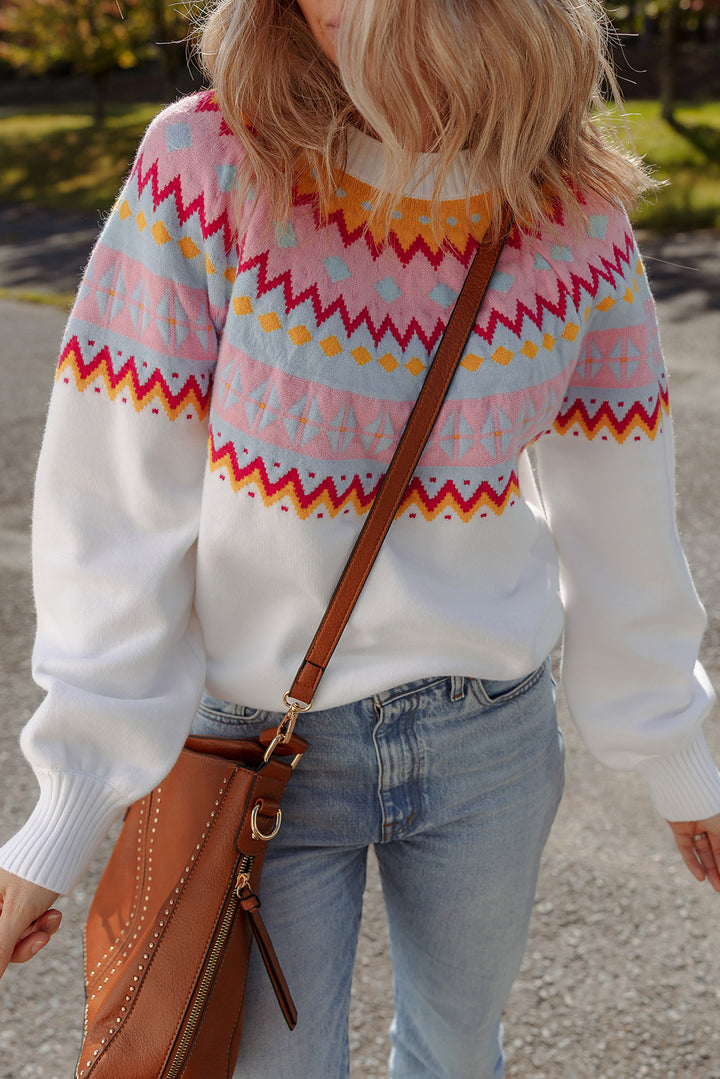 Ethnic Geometric Colorblock Print Drop Shoulder Sweater