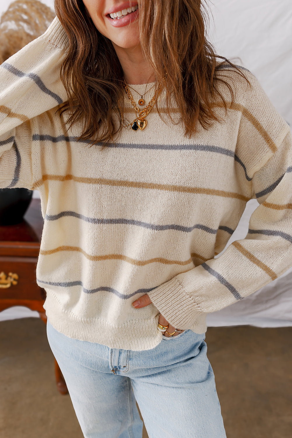 Striped Ribbed Edge Drop Shoulder Sweater