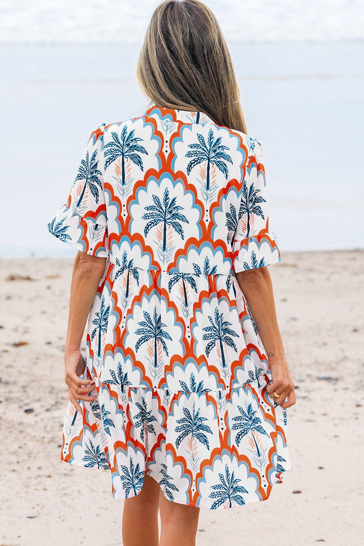 contrast palm tree printed short sleeve flowy dress