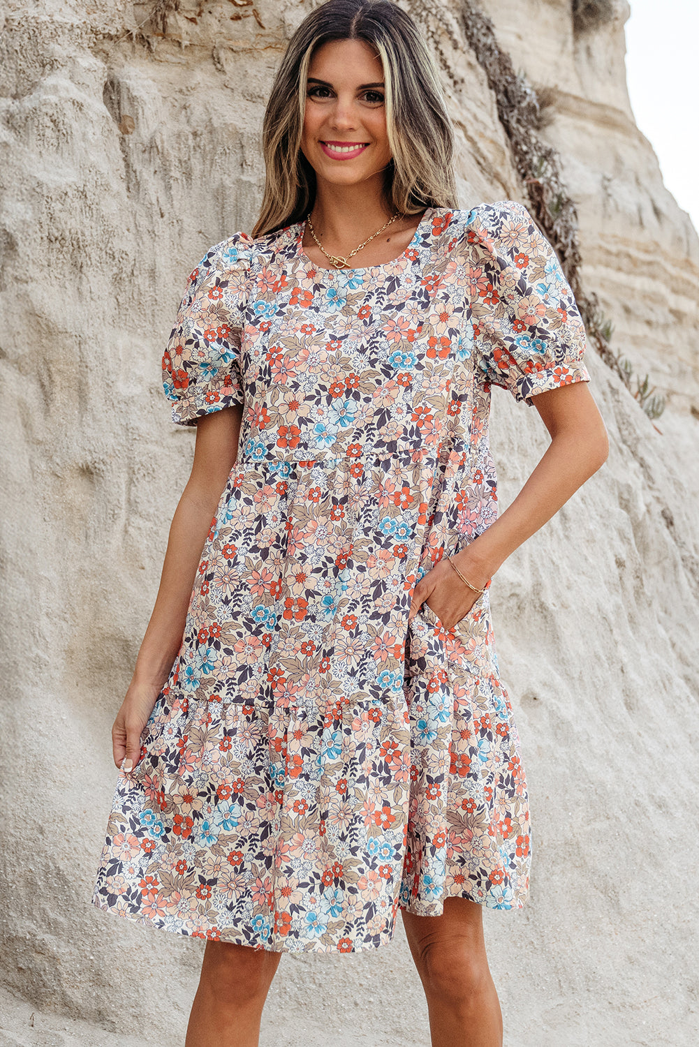 Bohemian Floral Print Short Puff Sleeve Mini Dress