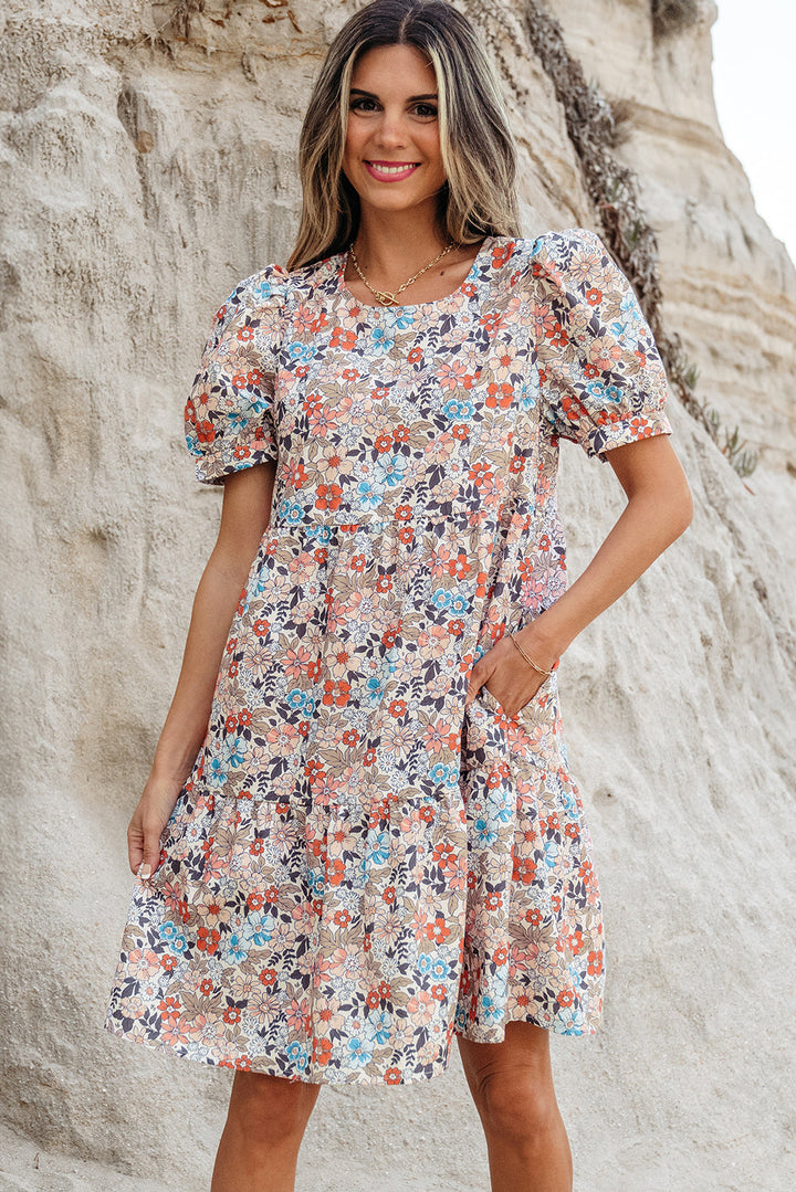 Bohemian Floral Print Short Puff Sleeve Mini Dress