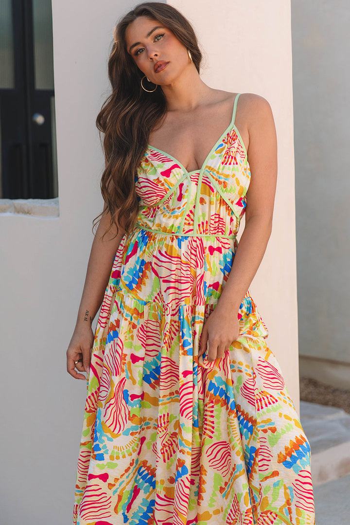 Abstract Print Spaghetti Strap Piping Detail Maxi Dres