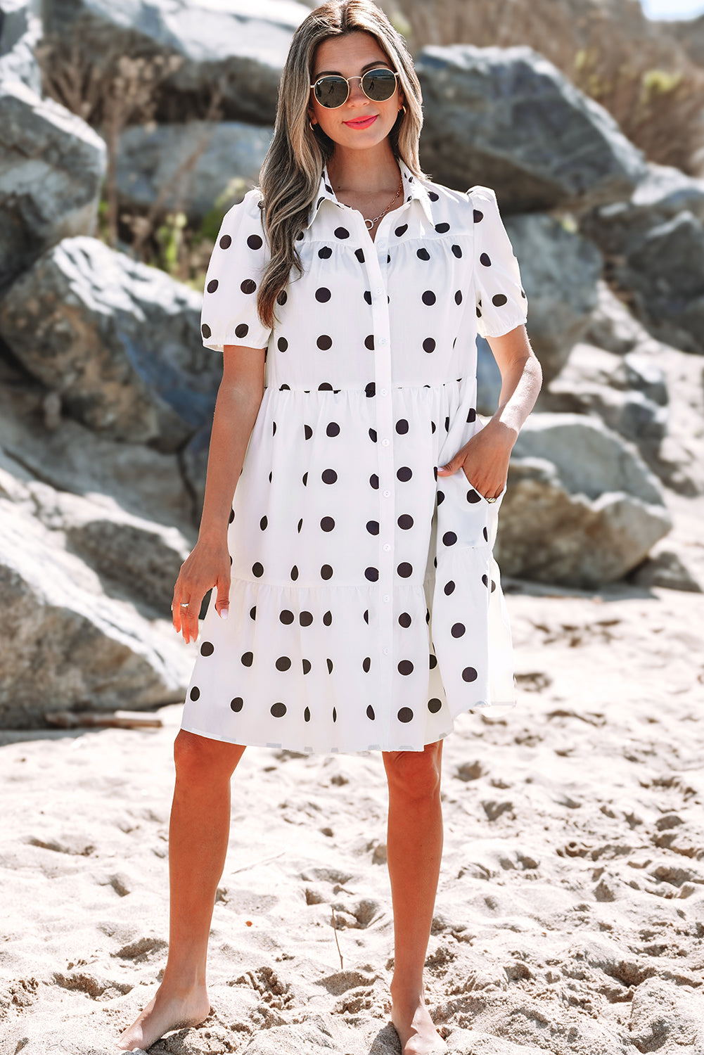 Polka Dot Print Short Sleeve Collar Buttoned Tiered Babydoll Dress
