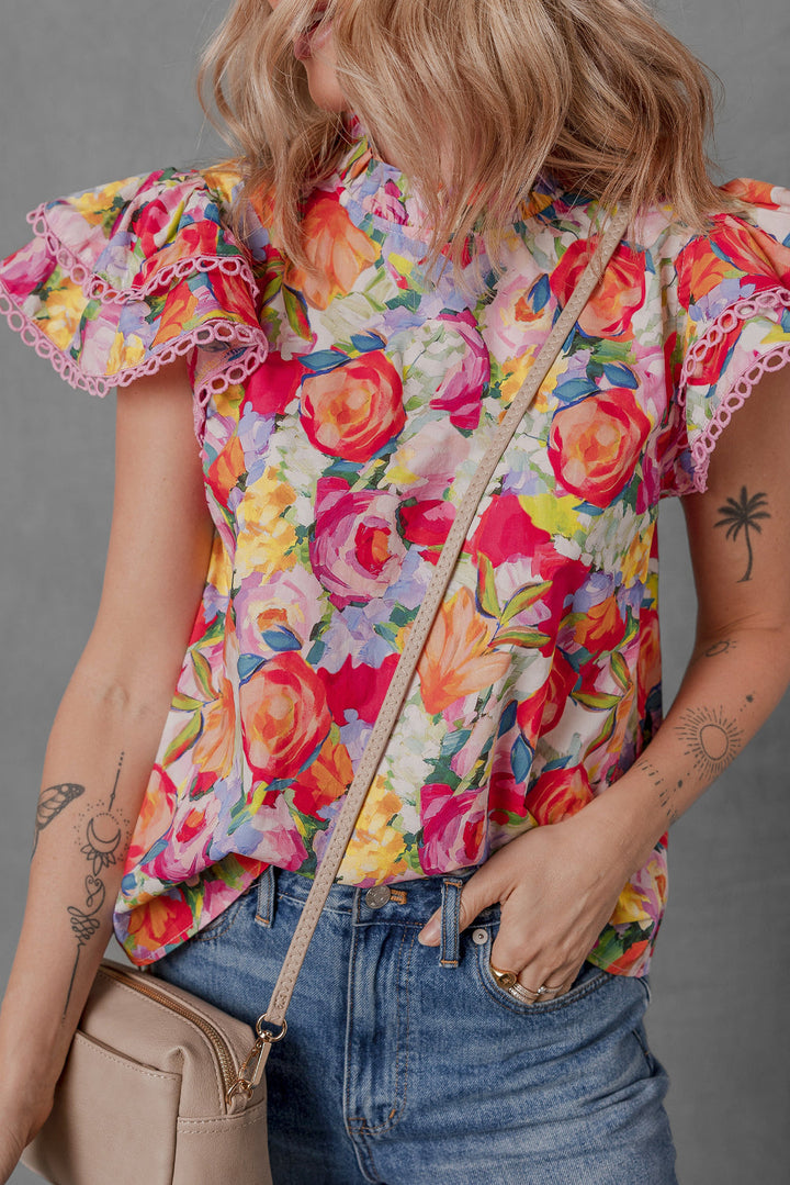 Lace Trim Ruffle Short Sleeve Floral Blouse