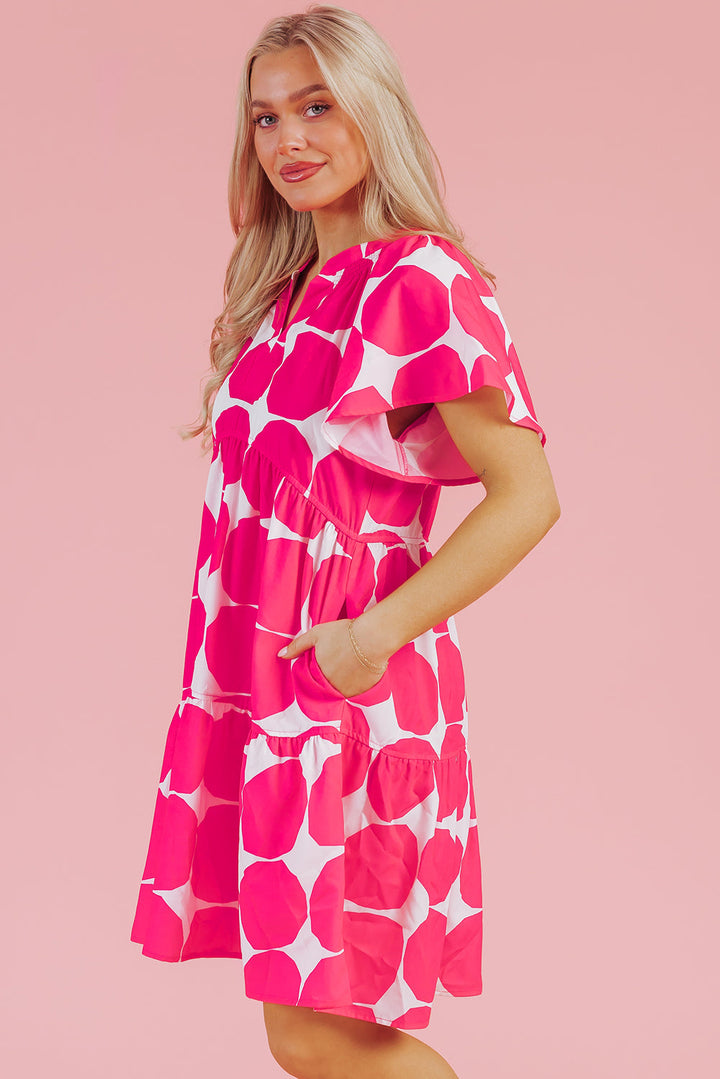 Polka Dot Flutter Sleeve Notched Neck Tiered Flowy Dress
